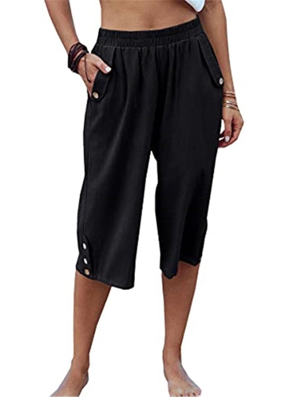 Women Black Cotton Capri Harem Pants Elastic Waist Wide Leg Pockets Yoga
